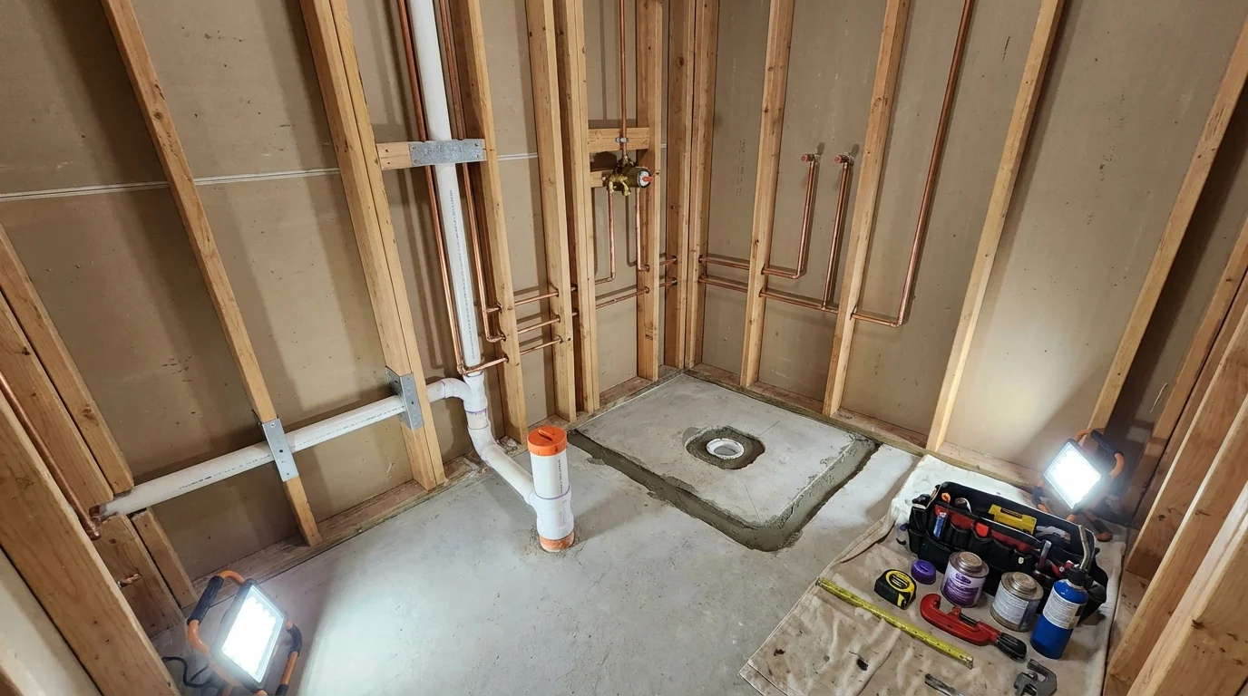 Bathroom rough-in plumbing during remodel by Johns Plumbing LLC in Gordo