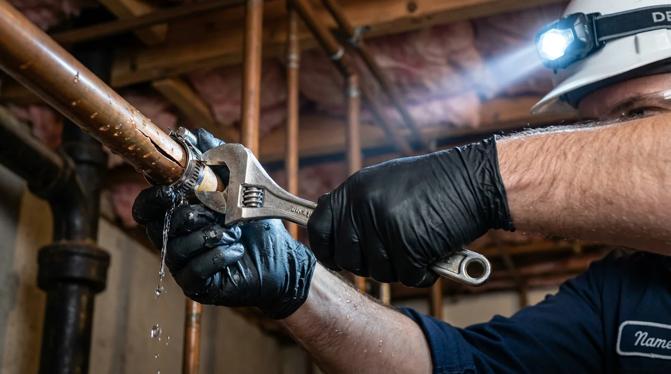 Emergency pipe clamp repair being performed by a Johns Plumbing LLC plumber in Gordo