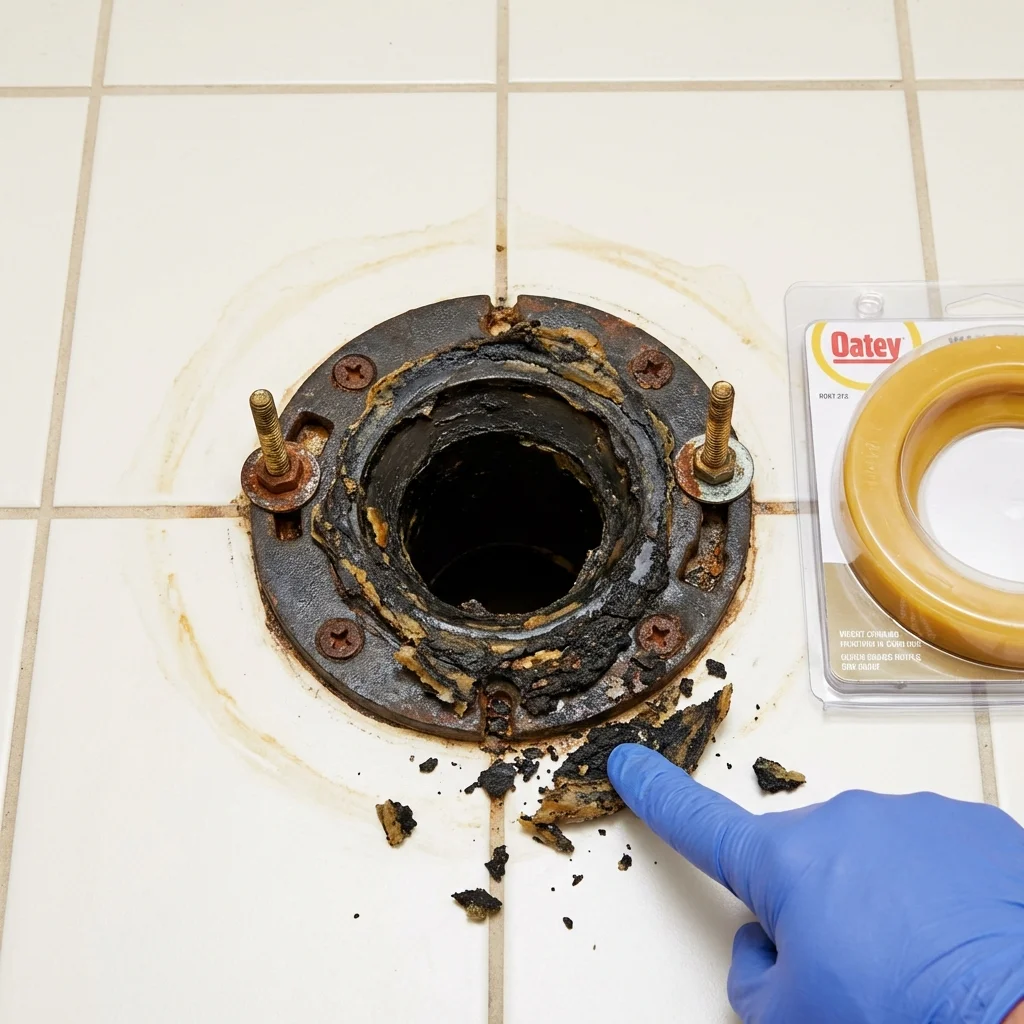 Failed wax ring showing water seepage at the base of a toilet in a Gordo, AL home