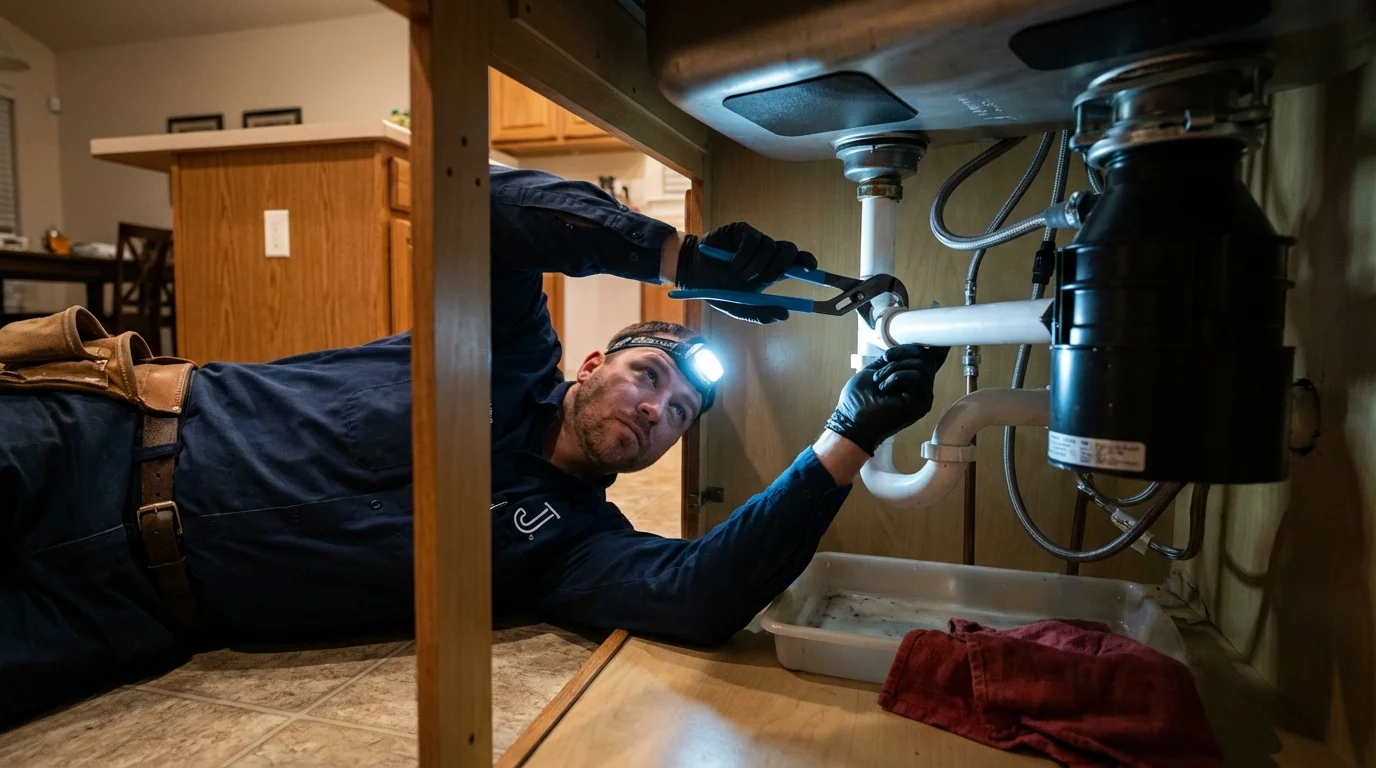 P-trap and supply line connections under a kitchen sink showing a common leak point in Gordo, AL